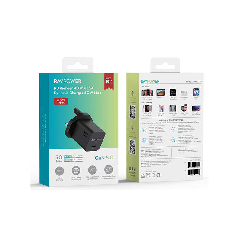 RavPower USB-C PD 40W GaN Wall Charger With 60W Max - Black