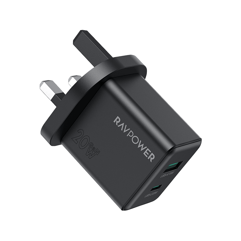 RavPower 1-Port USB-C and 1-Port USB-A PD 20W GaN Wall Charger - Black