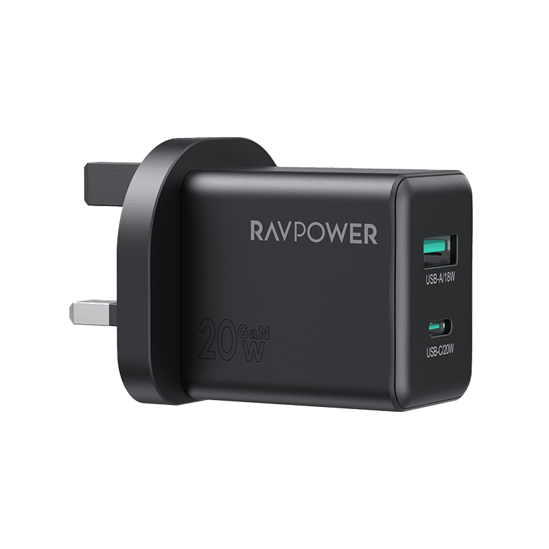 RavPower 1-Port USB-C and 1-Port USB-A PD 20W GaN Wall Charger - Black
