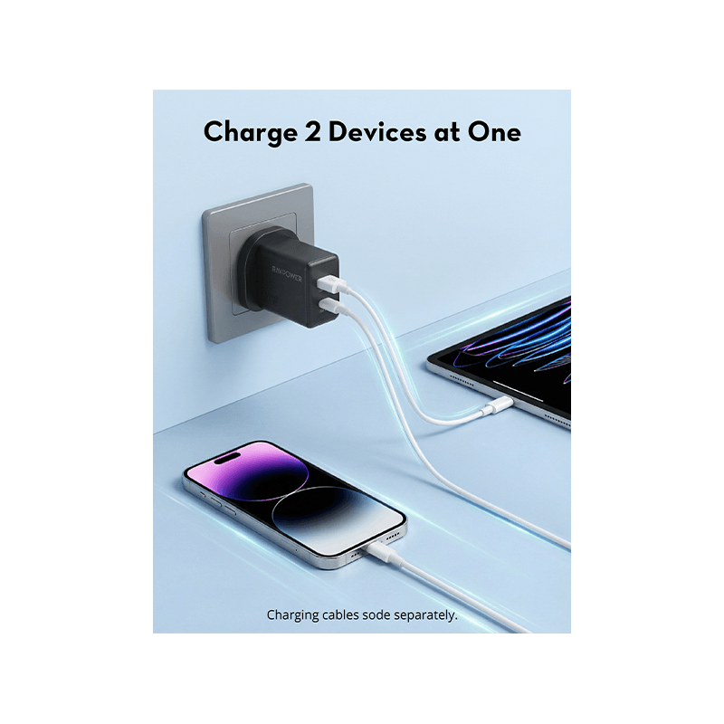 RavPower 1-Port USB-C and 1-Port USB-A PD 20W GaN Wall Charger - Black