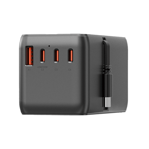 Energea TravelWorld 3-Port USB-C and 1-Port USB-A With 80CM USB-C Cable GaN 85W Travel Adapter - Gunmetal Black