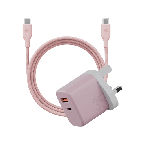 Bazic Go Port Velox Kit Bundle 1-Port USB-C & 1-Port USB-A PD 35W Wall Charger with Weave USB-C to USB-C 60W Cable - Peach Pink