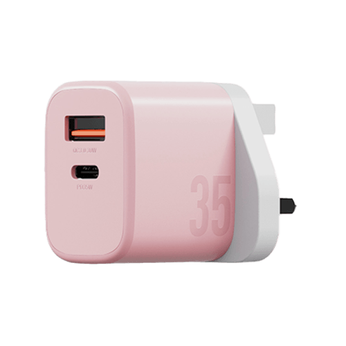 Bazic Go Port Velox Kit Bundle 1-Port USB-C & 1-Port USB-A PD 35W Wall Charger with Weave USB-C to USB-C 60W Cable - Peach Pink