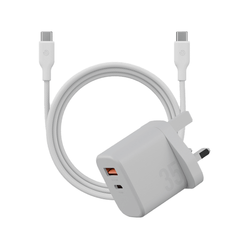 Bazic Go Port Velox Kit Bundle 1-Port USB-C & 1-Port USB-A PD 35W Wall Charger with Weave USB-C to USB-C 60W Cable - Vanilla White