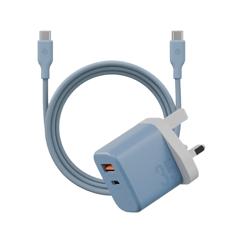 Bazic Go Port Velox Kit Bundle 1-Port USB-C & 1-Port USB-A PD 35W Wall Charger with Weave USB-C to USB-C 60W Cable - Bubblegum Blue