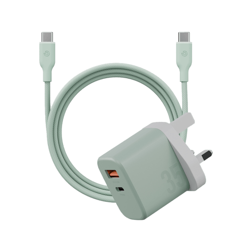 Bazic Go Port Velox Kit Bundle 1-Port USB-C & 1-Port USB-A PD 35W Wall Charger with Weave USB-C to USB-C 60W Cable - Pistachio Green