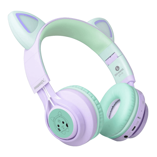 Riwbox Cat Ear Bluetooth Headphones With LED for Kids - Purple / Green