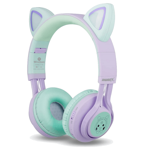 Riwbox Cat Ear Bluetooth Headphones With LED for Kids - Purple / Green