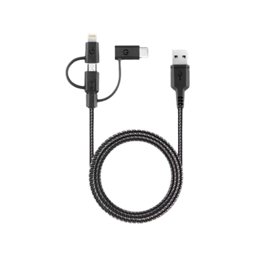 Energea Nyloflex 3-IN-1 Micro USB + Lightning + USB-C Charge And Sync 480Mbps Cable 1.5M - Black