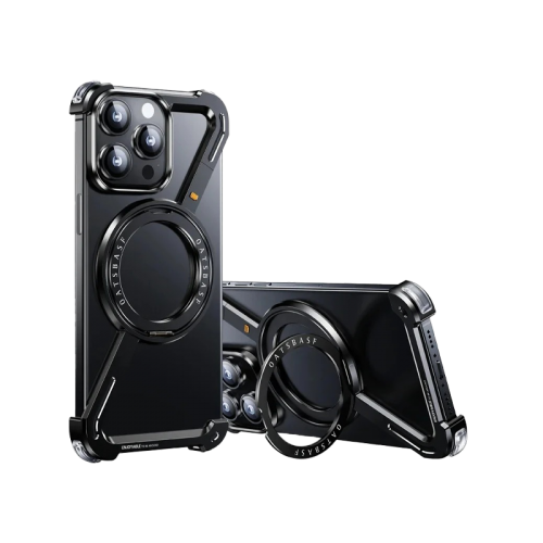 New Designer Aluminum Frameless Case With Rotatable Ring With Kickstand for iPhone 15 Pro - Black