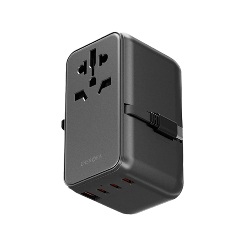 Energea TravelWorld 3-Port USB-C and 1-Port USB-A With 80CM USB-C Cable GaN 85W Travel Adapter - Gunmetal Black