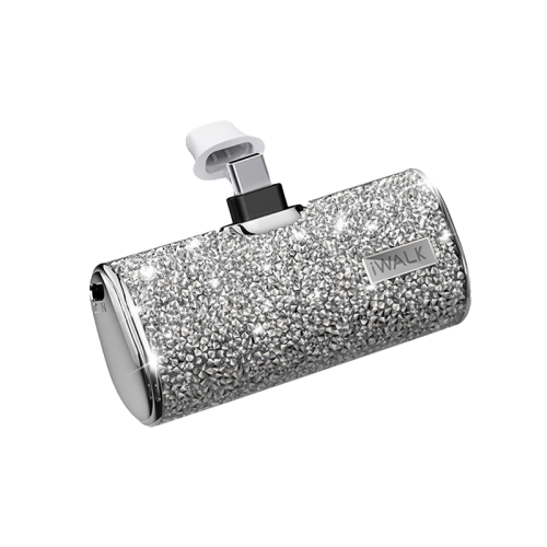 iWALK Bling Secret 4500mAh Portable Power Bank With Built-In USB-C Connector - Sparkly Diamond Silver