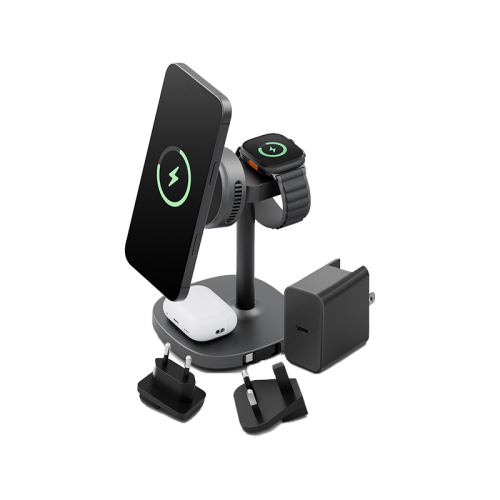 Energea MagAratic Stand With 4-In-1 Thermo Cool MagSafe Charger Stand With Retractable Cable and 65W Charger - Gunmetal