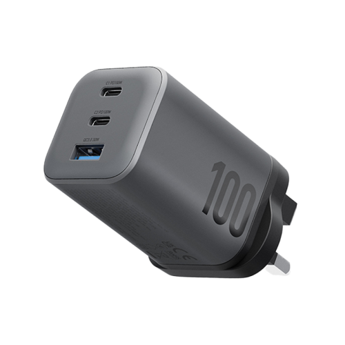 Energea Ampcharge Mini 2-Port USB-C and 1-Port USB-A 100W GaN Wall Charger - Gunmetal