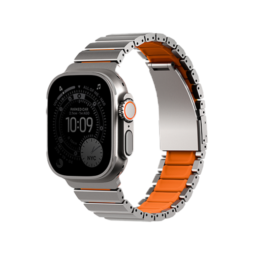Uniq Strova Flex Self-Adjustable Steel Link Band for Apple Watch 49/46/45/44mm - Titanium Silver /Volt Orange