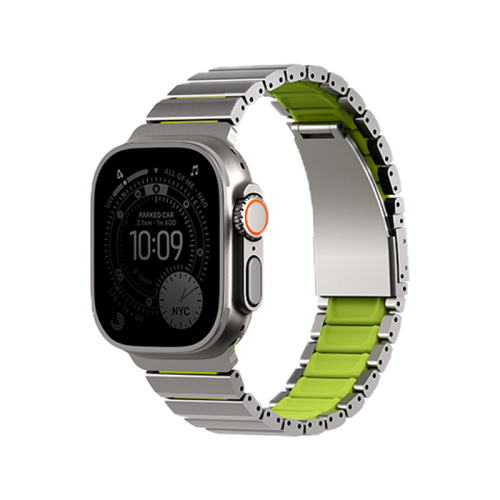 Uniq Strova Flex Self-Adjustable Steel Link Band for Apple Watch 49/46/45/44mm - Titanium Silver / Lime Green