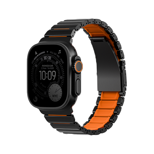 يونيك ستروفا فليكس - سوار ستيل قابل للتعديل  لآبل واتش 49/46/45/44 مم - ميدنايت بلاك / فولت أورنج