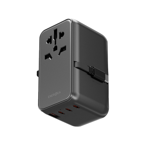Energea TravelWorld 3-Port USB-C and 1-Port USB-A With 80CM USB-C Cable GaN 85W Travel Adapter - Gunmetal Black