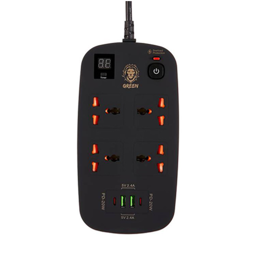 Green 4 AC Socket + 2 USB-A + 2 USB-C PD 40W Multiport Socket With 3M Cable - Black