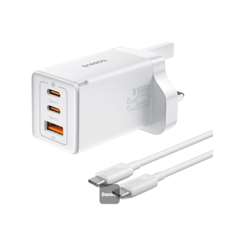 Baseus GaN5 Pro 2-Port USB-C and 1-Port USB-A 65W Wall Charger - Moon White (Baseus Xiaobai USB-C to USB-C 100W Cable 1m - White)