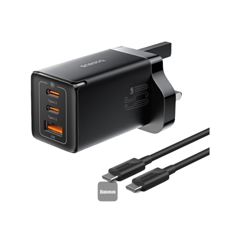 Baseus GaN5 Pro 2-Port USB-C and 1-Port USB-A 65W Wall Charger - Cluster Black (Baseus Xiaobai USB-C to USB-C 100W Cable 1m - Black)