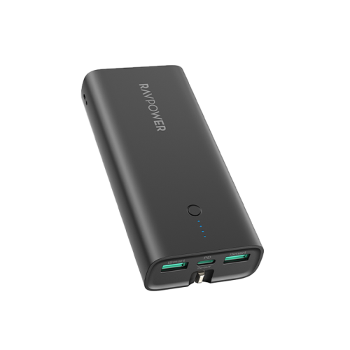 RavPower 1-Port USB-C PD 20W and 2-Port USB-A 10000mAh Power Bank with UK Plug - Black