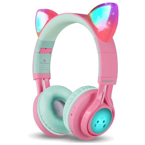 Riwbox Cat Ear Bluetooth Headphones With LED for Kids - Pink / Green