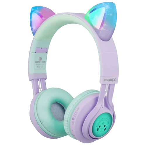 Riwbox Cat Ear Bluetooth Headphones With LED for Kids - Purple / Green